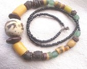 African necklace- Sunshine Yellow Krobo recycled glass and raffia palm nut by Fianaturals