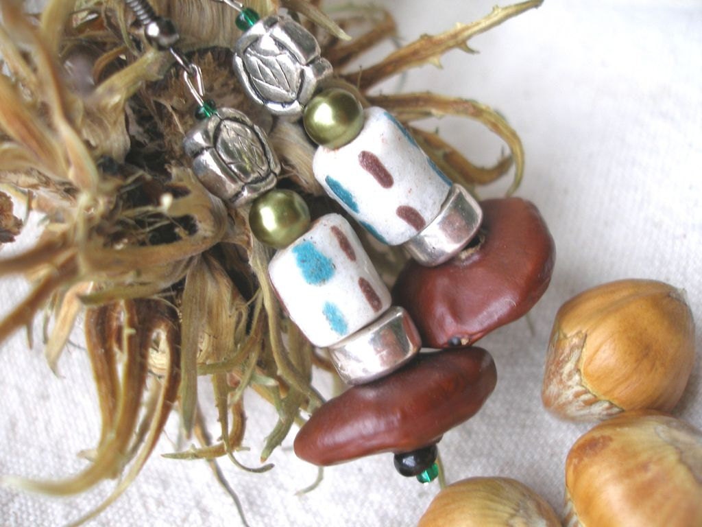 African Krobo glass seed metal  rose Flower Earrings by Fianaturals on Etsy