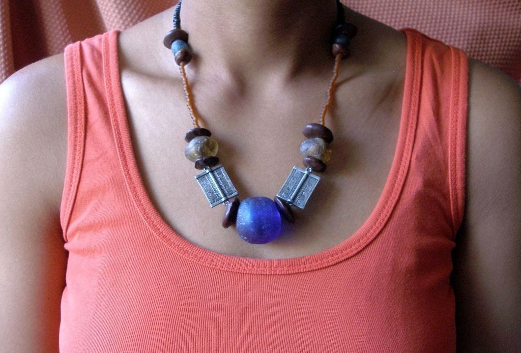 African Recycled Glass & Seed Blue Eye Necklace by Fianaturals on Etsy