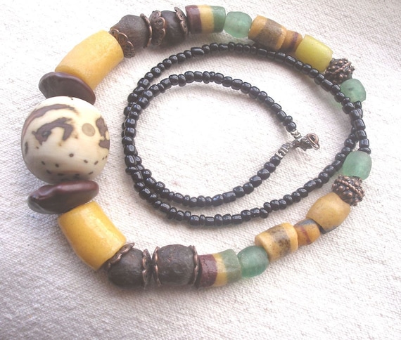 African necklace- Sunshine Yellow Krobo recycled glass and raffia palm nut by Fianaturals