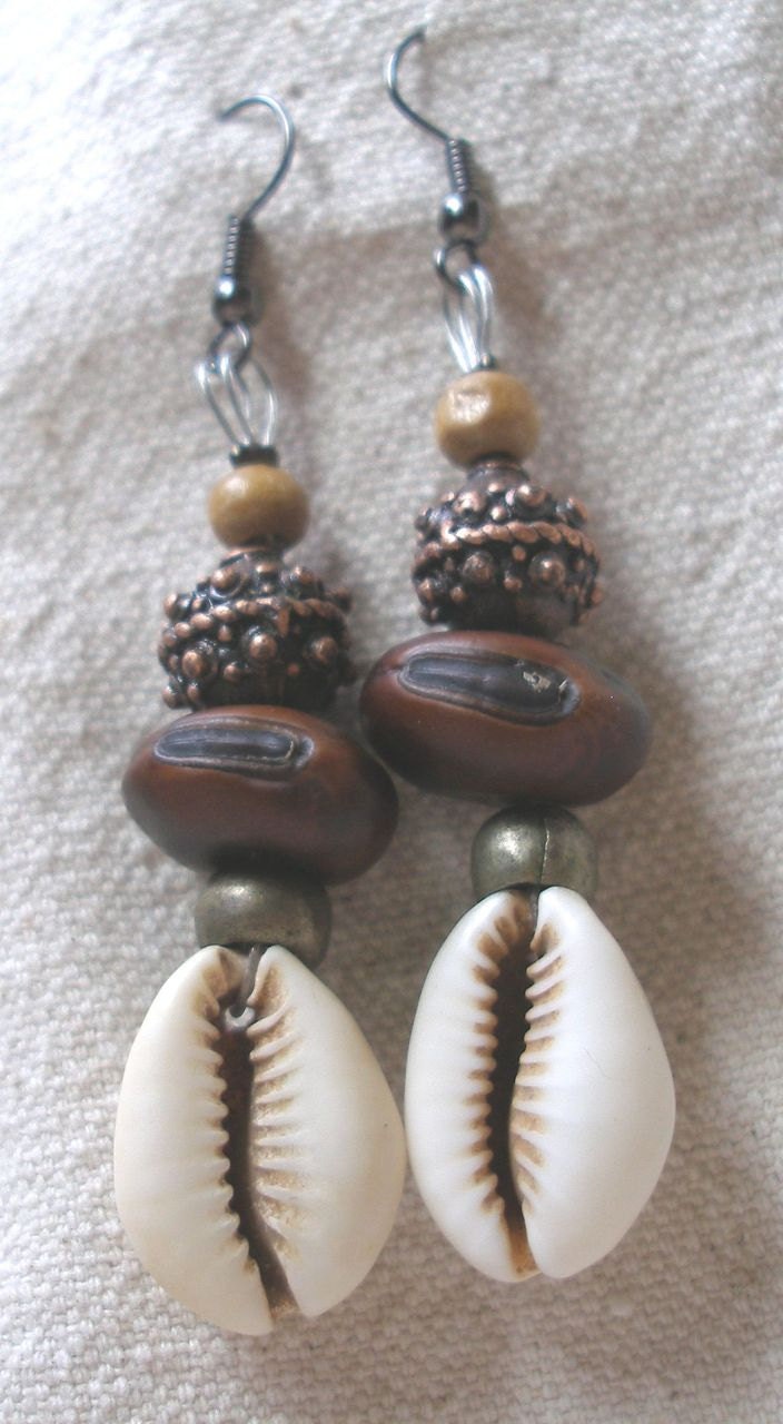 African Cowrie shell Brass copper wood seed Earrings by Fianaturals on Etsy