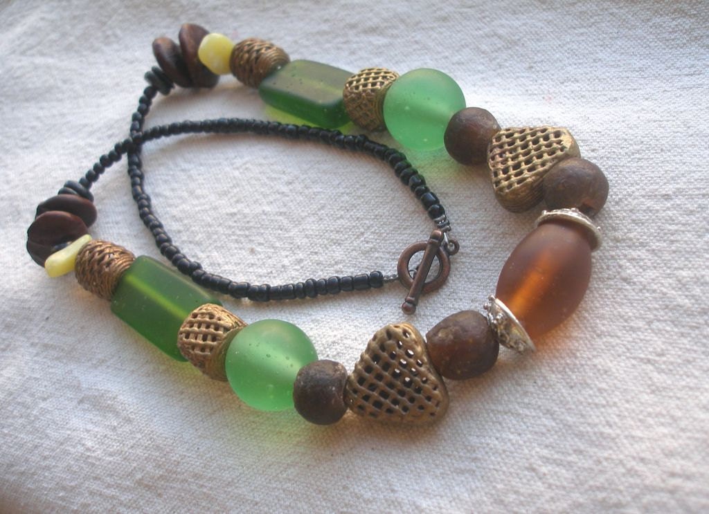 African Brass Green Amber glass Sunrise Necklace by Fianaturals on Etsy