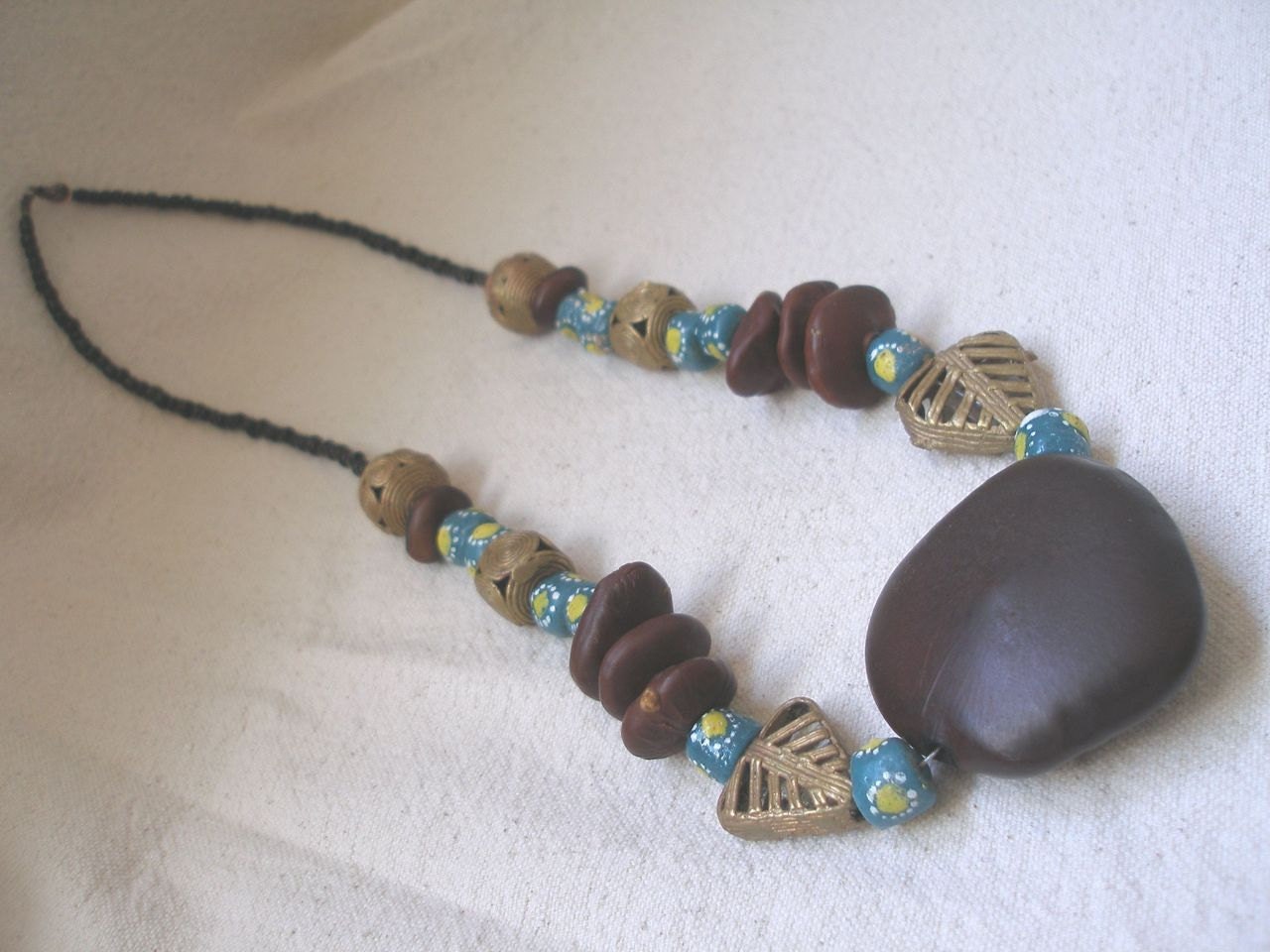 African Brass Krobo glass Palm  and Fern Leaves Necklace by Fianaturals on Etsy