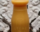 Beeswax Candle - antique bottle shaped - "FIVE CENT DAIRY half pint" - by Pollen Arts - Md.