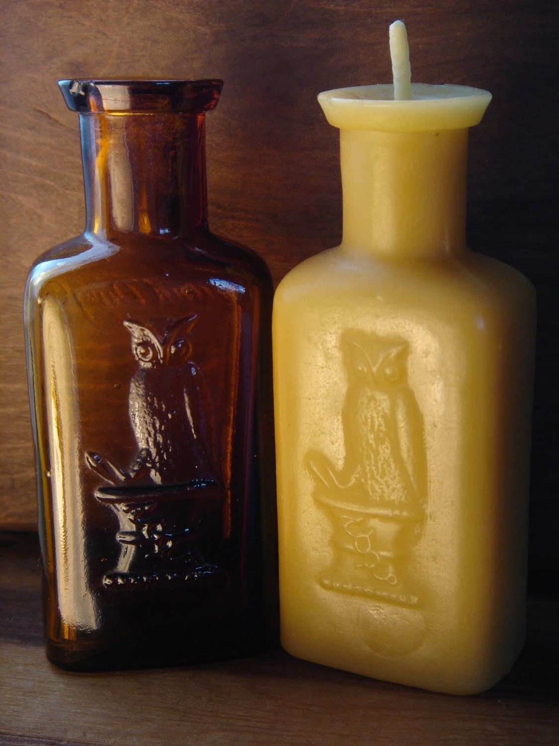 Antique bottle-shaped Beeswax Candle - owl image - "Owl Drug Co." Circa early 1900's