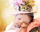 Sweet Summer Garden , Mini Top Hat with Veiling, Vintage flower, Silk triple rosettes , bridesmaids ( limited Edition)