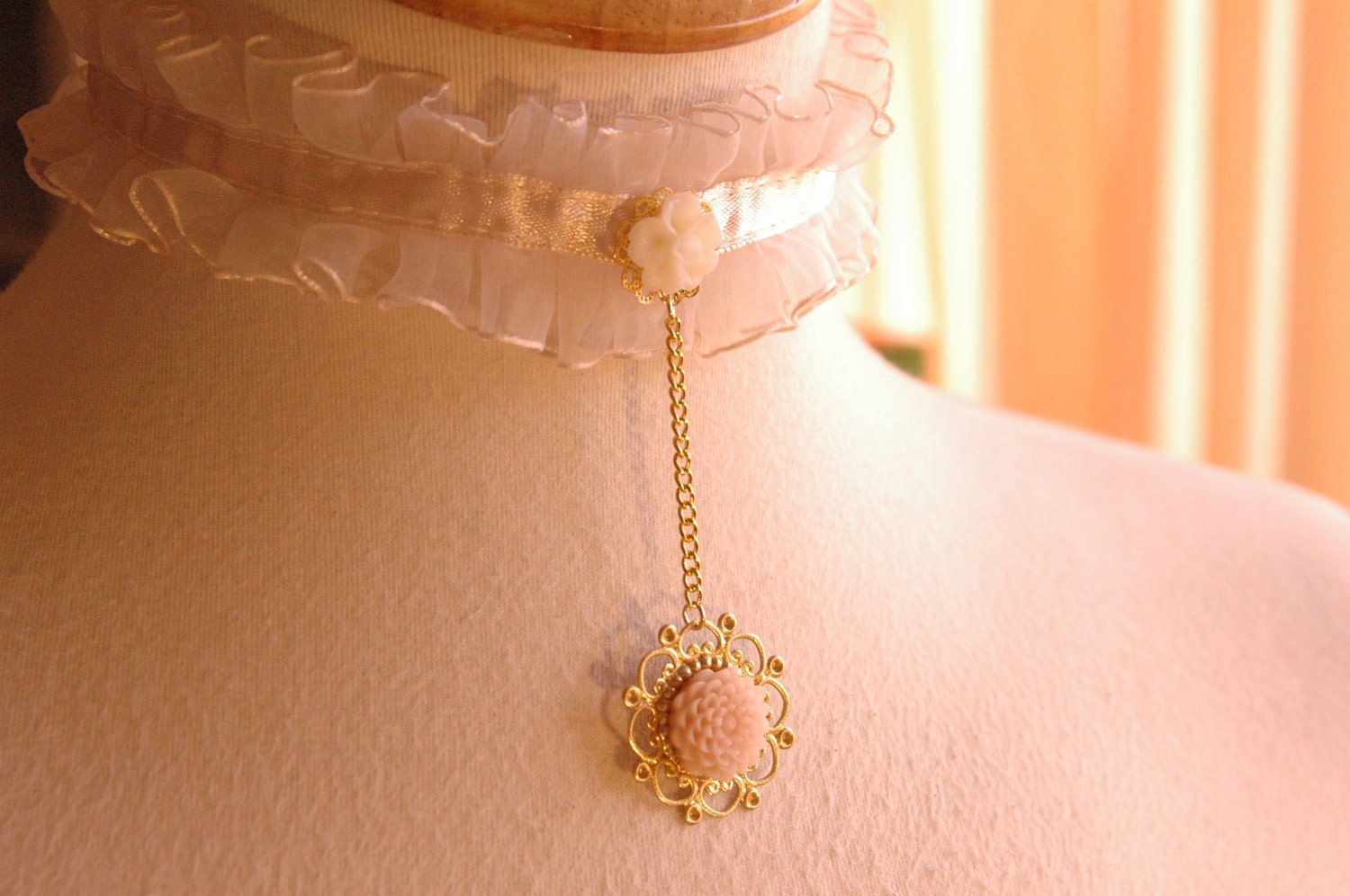 Fairy Tale Blush Lace necklace choker, golden filigree flower. Shabby chic vintage princess jewelry collar, wedding bridesmaids necklace