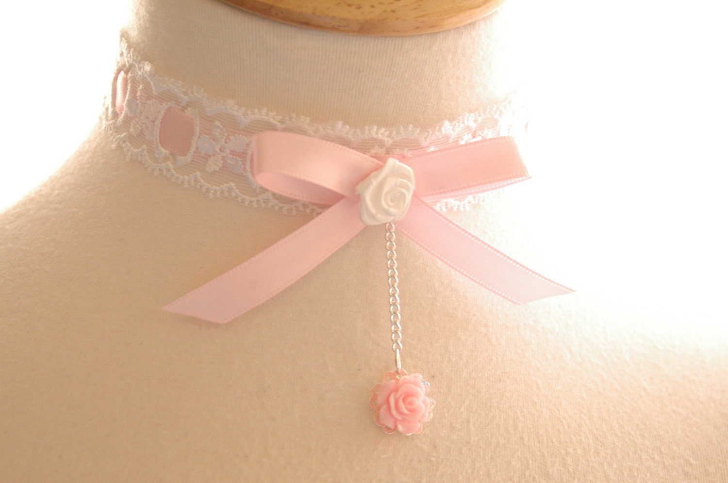 Adorable Pink White Lace Choker necklace Princess collar Fairy Whimsical Romantic bridesmaids Jewelry Sweet Prom night - JoolaDesigns