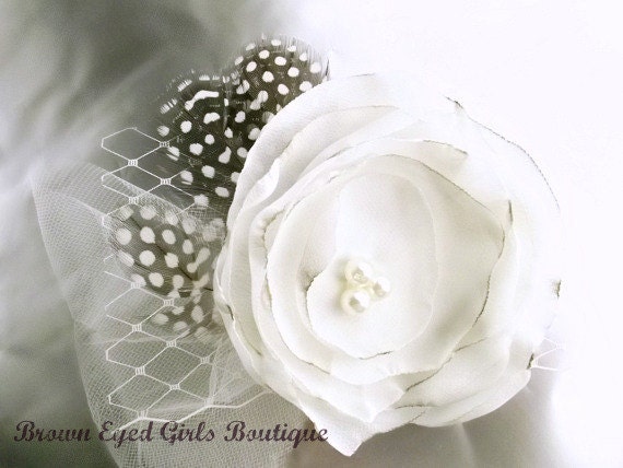 Ivory Chiffon "Diedre" Fascinator, Ivory chiffon flower, slightly turned edges, hand sewn pearls, natural guinea feathers, tulle puff.