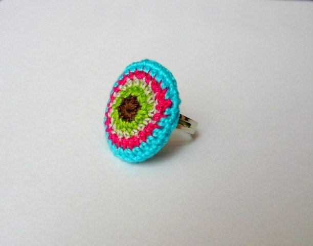 Statement cocktail crochet  geometric circle ring - neon turquoise blue, green lime, soft grey, fuchsia pink crocheted jewelry