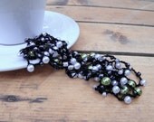 Necklace/lariat/wrap/bracelet - Crocheted jewelry black cotton with black, white, green pearl glass beads  butterfly bead closure