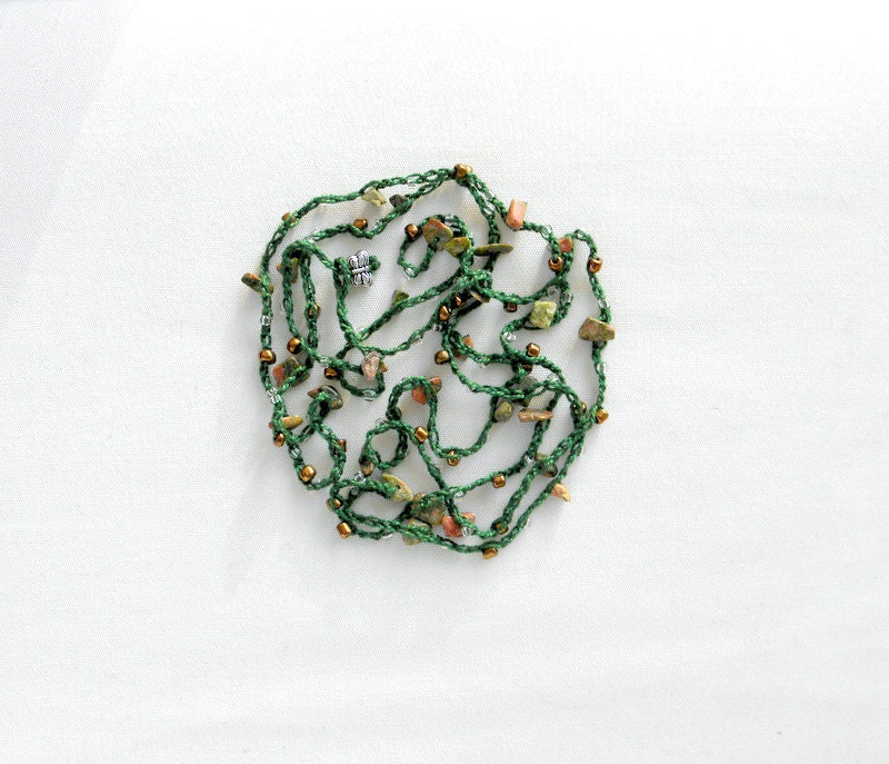 Necklace / lariat / wrap / bracelet - green cotton thread with brown natural stone and glass beads  Crochetchain jewelry