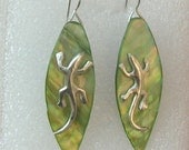 Silver lizard earrings, green mother of pearl leaf dangles
