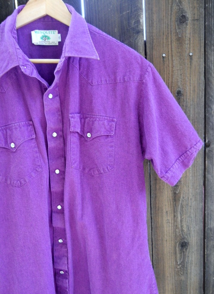 Vintage 80s country western purple pearl snap short sleeve shirt / mens large, xlarge
