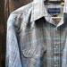 SALE vintage 80s gray striped western pearl snap button up / mens large
