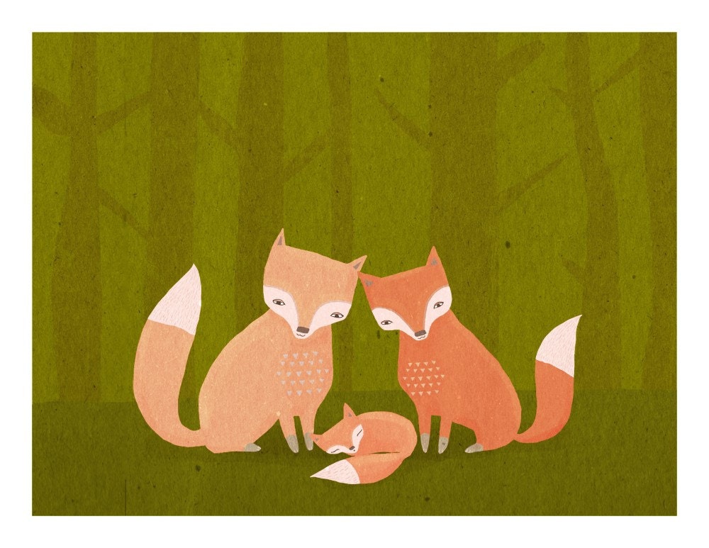 three foxes kids art. woodland animals in orange and green. 8.5 x 11 art print for baby, nursery, children