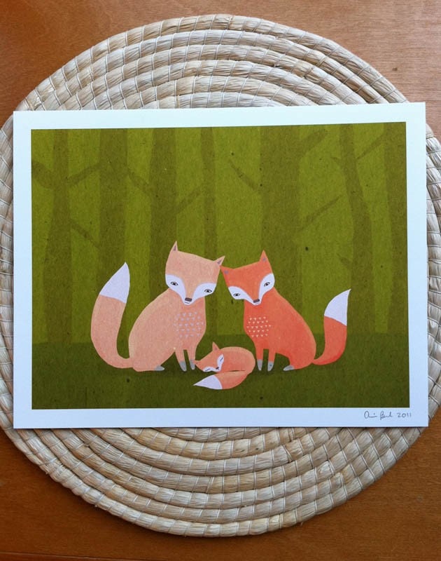 three foxes kids art. woodland animals in orange and green. 8.5 x 11 art print for baby, nursery, children