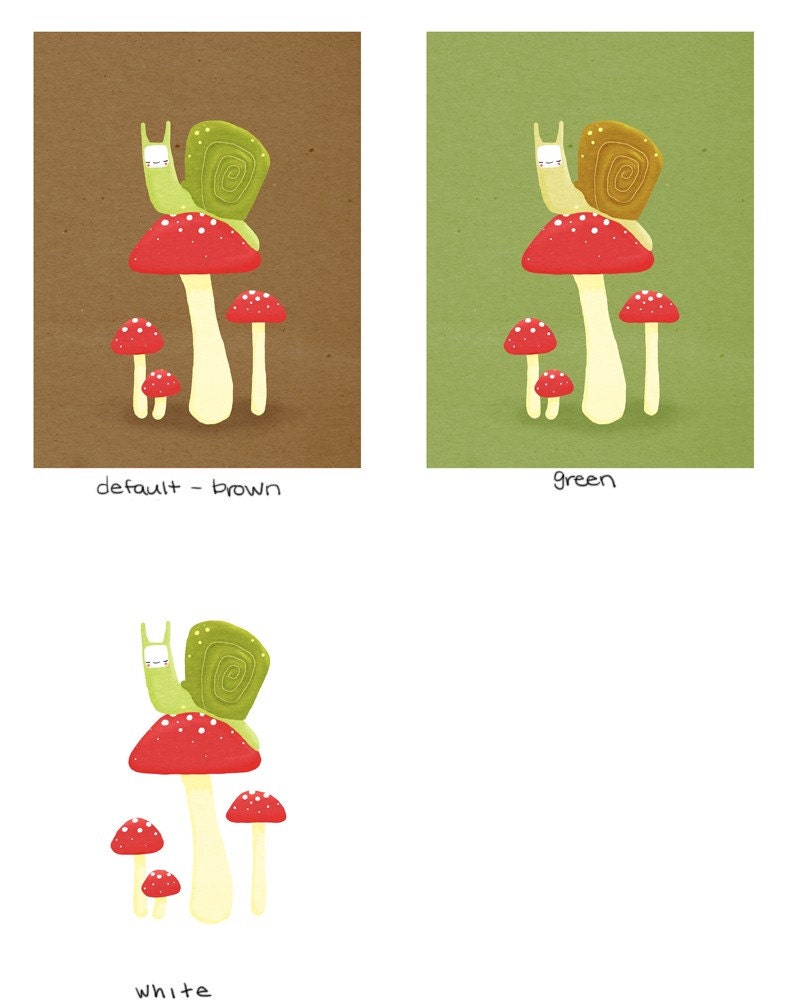 snail and mushrooms. brown, green, red - 8.5 x 11 art print (MORE COLORS AVAILABLE)