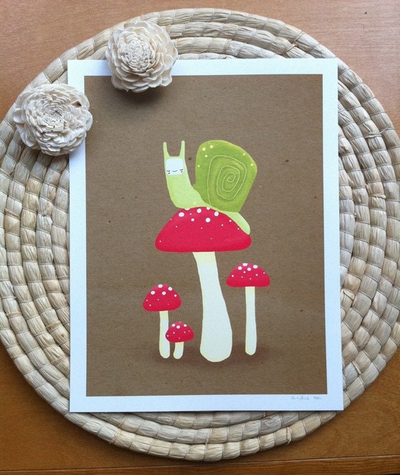 snail and mushrooms. brown, green, red - 8.5 x 11 art print (MORE COLORS AVAILABLE)
