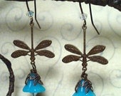 Vintaj Brass Dragonfly Earrings Accented with Turquoise Glass Bell flowers,  Clear Crystals