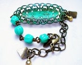 Summer Patined Lacy Filigree Bracelet - Turquoise Czech Melon Beads, Brass Chain