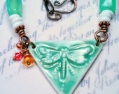 Porcelain Moss Green Dragonfly Pendent Necklace w Copper & Charms