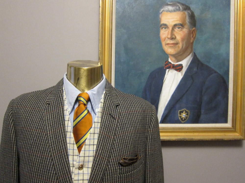1960s Gray Windowpane Heavy Irish Tweed Sport Coat 40R
