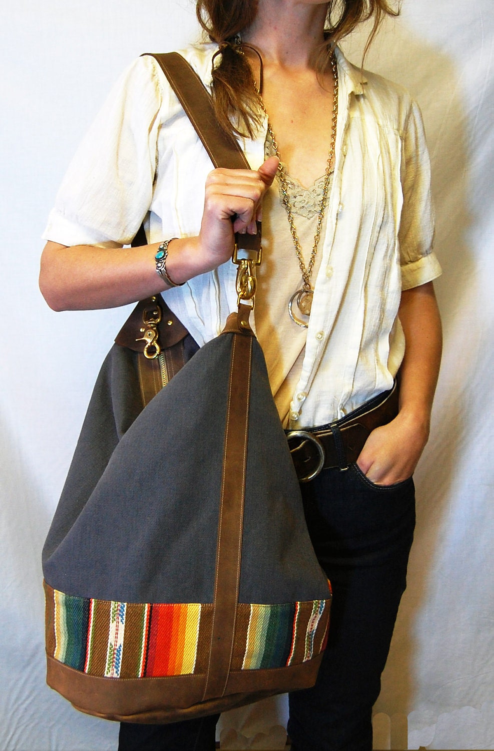 The Chimayo Bag // Heavy Brushed Twill, Leather, and Rainbow Contrast. Converts from Backpack to Tote
