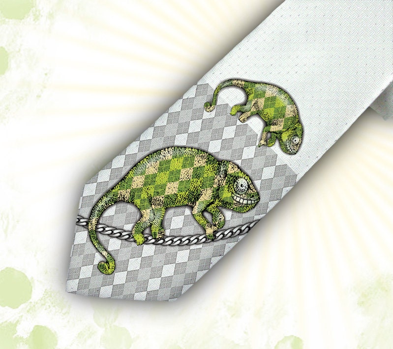 Mens tie necktie with chameleon "green way tracker". Unique gift for with nice green animals.