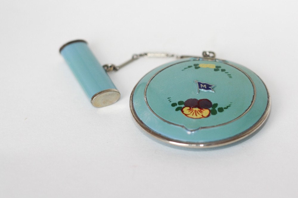 Treasury Item R&G Co. Blue Enamel Rouge Powder Compact with Lipstick case 1930's