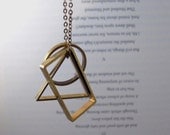 Vertex - Long Geometric Necklace with Brass Triangle, Circle & Rectangle Pendants
