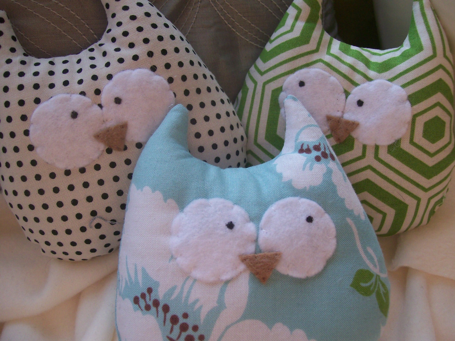 Plush Owl Ornament, Christmas Set of 3 - Blue Green White