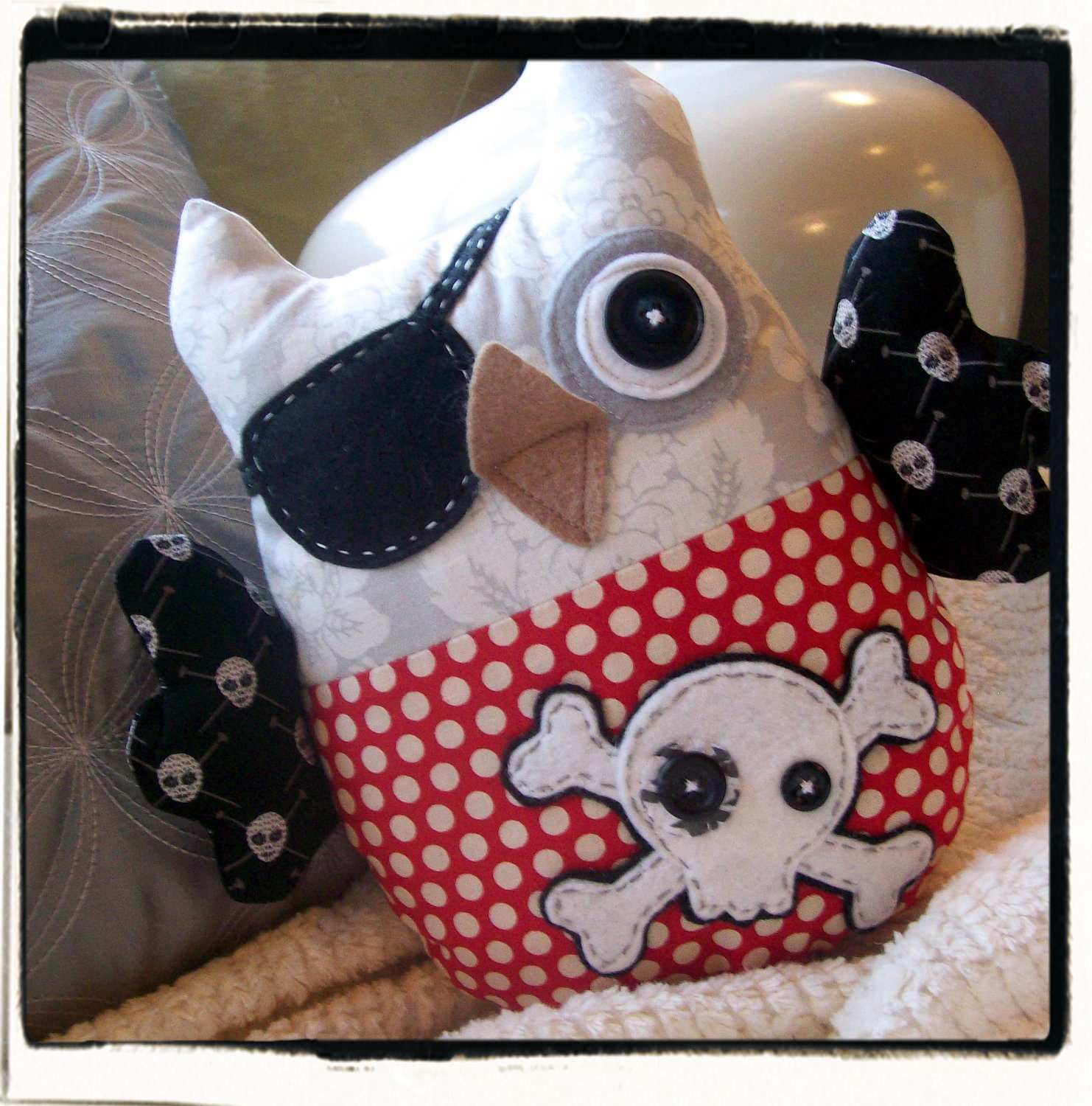 PIRATE OWL Plushie - Red, Grey, Black - Damask, Skulls