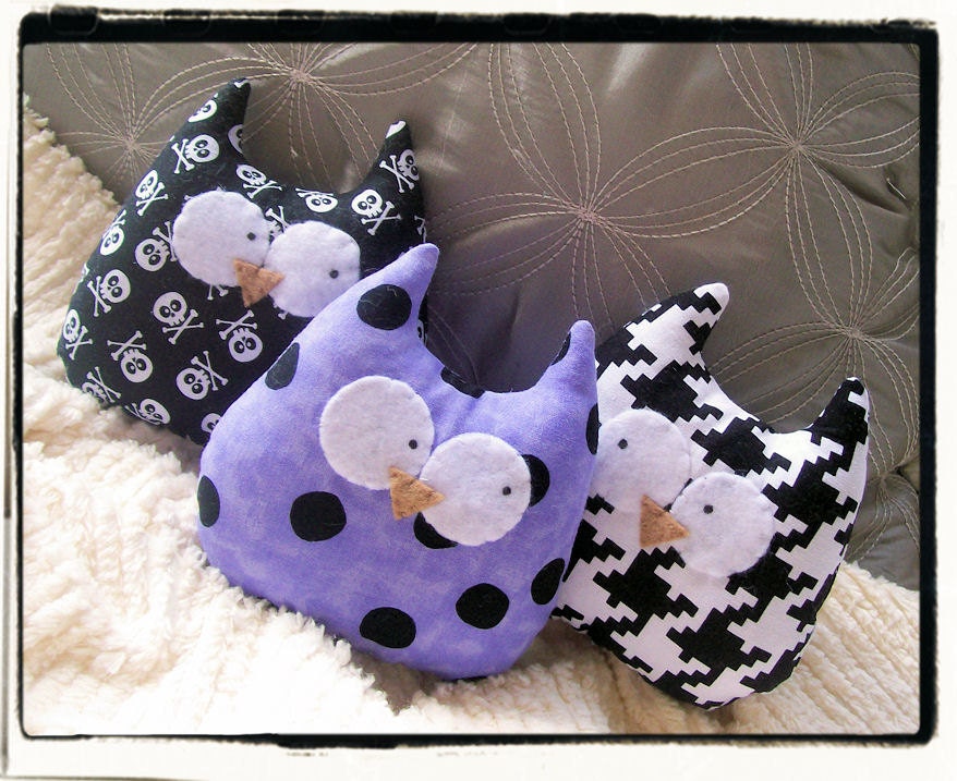 Owl Plushie Ornaments - Purple Black White Punk, Rockabilly Set of 3