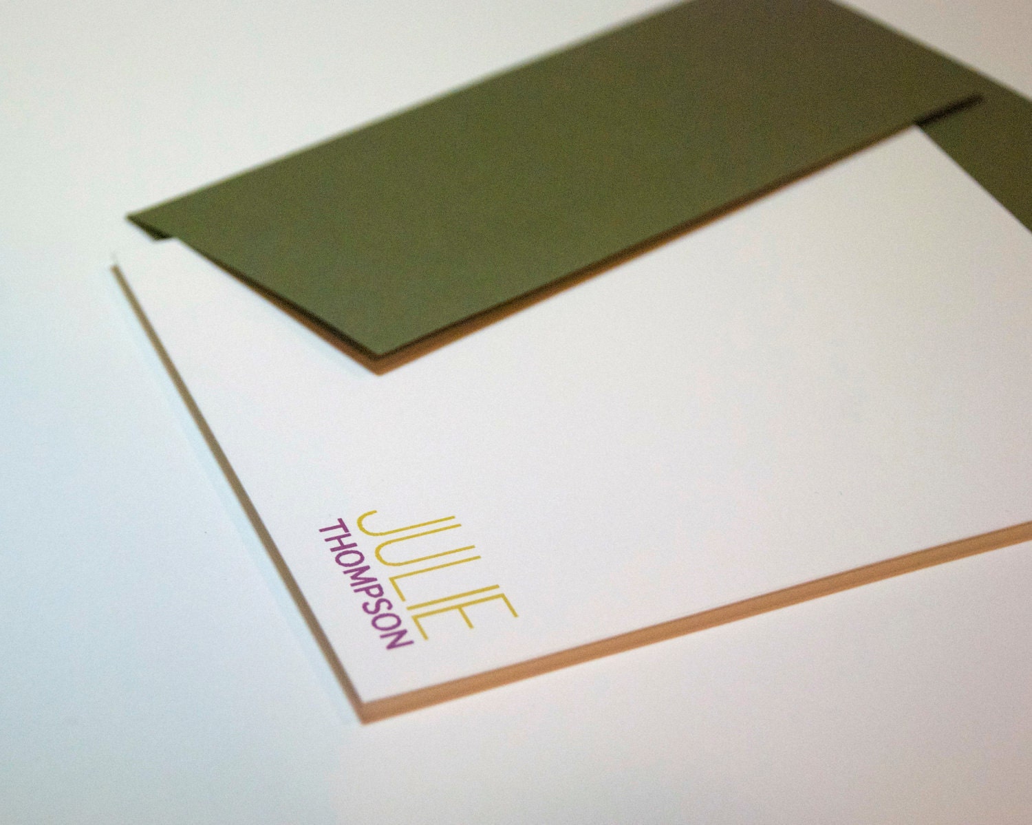 Personalized Stationery Flat Note Cards Set of 12 - Mustard, Pink, and Olive