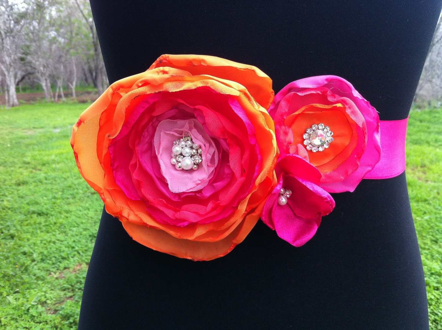 Orlena- Stunning Bridal Sash....In shades of Tangerine, Coral, Fuschia and Pink.Wedding Day Sash Belt... Bridal, Prom, Ball , Portraits....