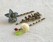 Spring Garden - Blue ,Ivory White, and Antique-Bronze Plum Flower Hair-Pins Set of 3 - FromHKwithLove