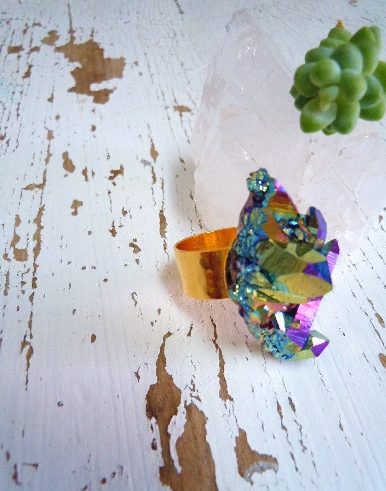Rainbow Druzy Ring - Rainbow Crystal Cluster Ring - Raw Rock Crystal