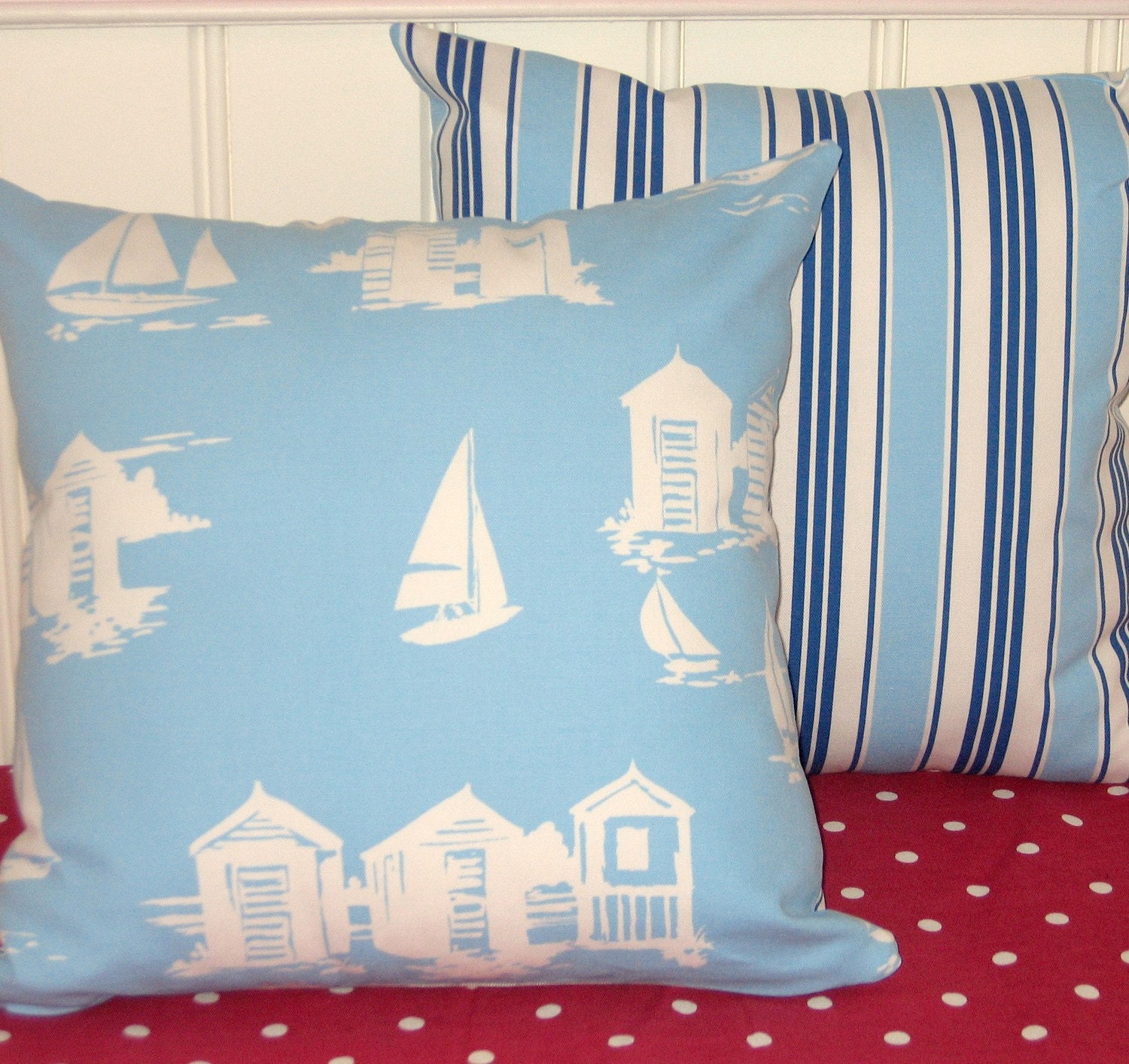 Set of Two Pillow Cushion Covers  Blue Beach Huts Sailing Boats fabric backed with co-ordinating striped fabric.