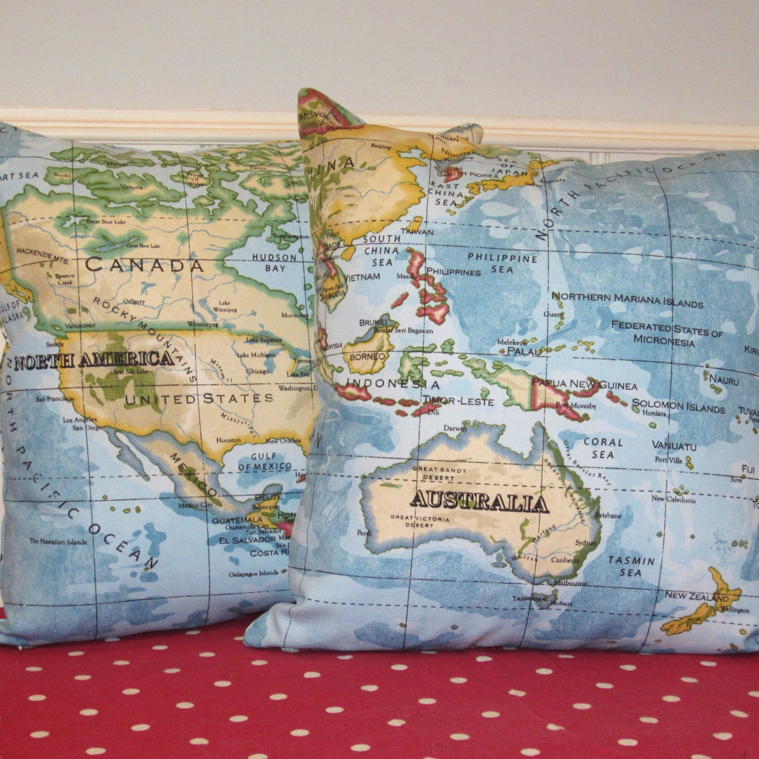Set of Two Pillow Cushion Covers Atlas World Map Print  Blue on Front and Back.