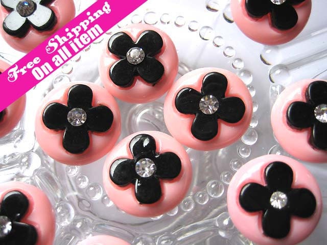 LFB-CR-010 // 22mm Pink Bottom Black Flower with Rhinestone Round Cabochon/Cameo Flatback, 10 pc