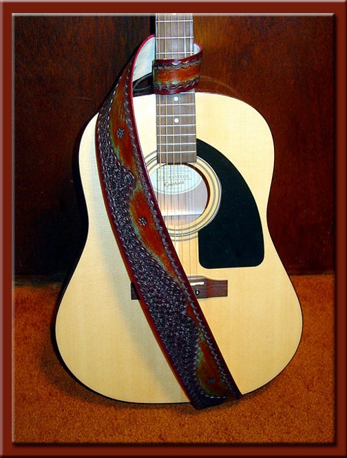 RED & TURQUOISE LANDSCAPE Design - A Beautifully Hand Tooled, Hand Crafted Leather Guitar Strap