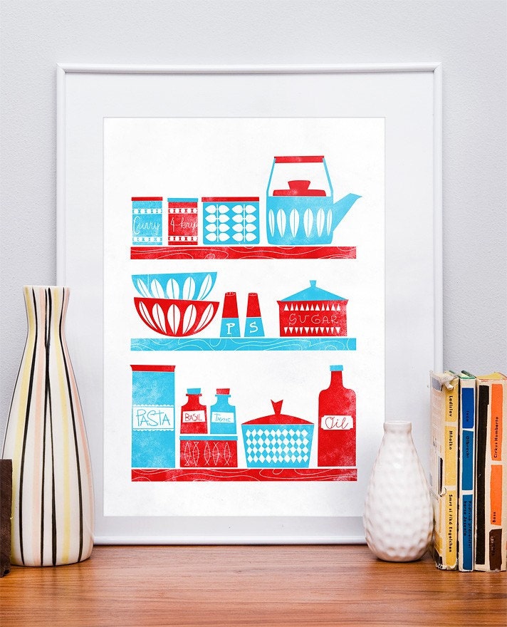 Kitchen art print,  Cathrineholm,  art for kitchen, Scandinavian poster, Mid Century Modern art  "Kitchen  shelves"   A3