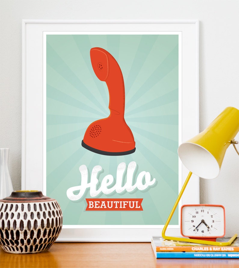 Hello quote print, retro telephone poster, scandinavian design, Ericofon, vintage, mid century modern - Hello Beautiful A3