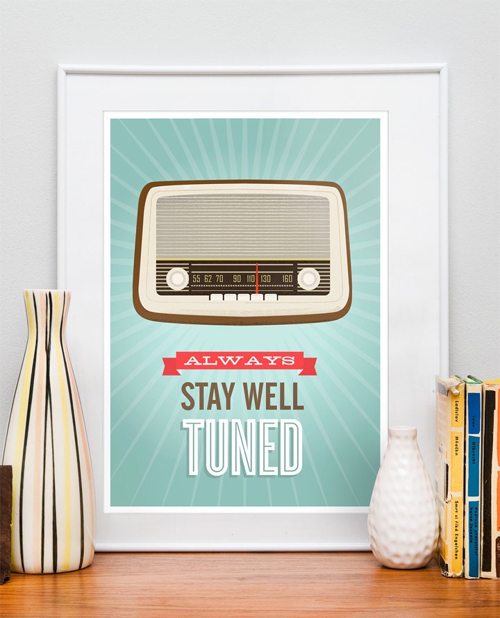 Mid Century Art, Retro vintage radio poster, typography quote art, nursery decor, kids art Stay well tuned A3 size