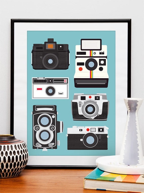 Polaroid poster print, retro wall art, Nursery print, Camera poster, modern art - Polaroid, Rolleiflex, Holga A3 size Baby blue