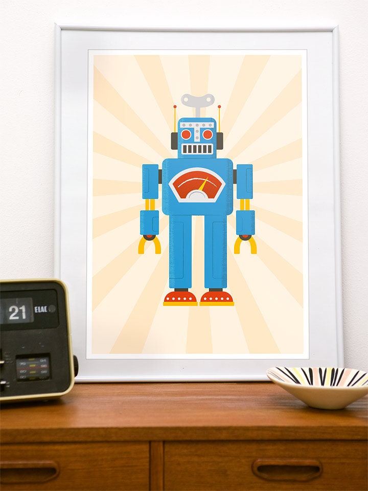 Robot art print, nursery art, retro decor, kids room art, playroom poster, vintage robot illustration Retrobot A3