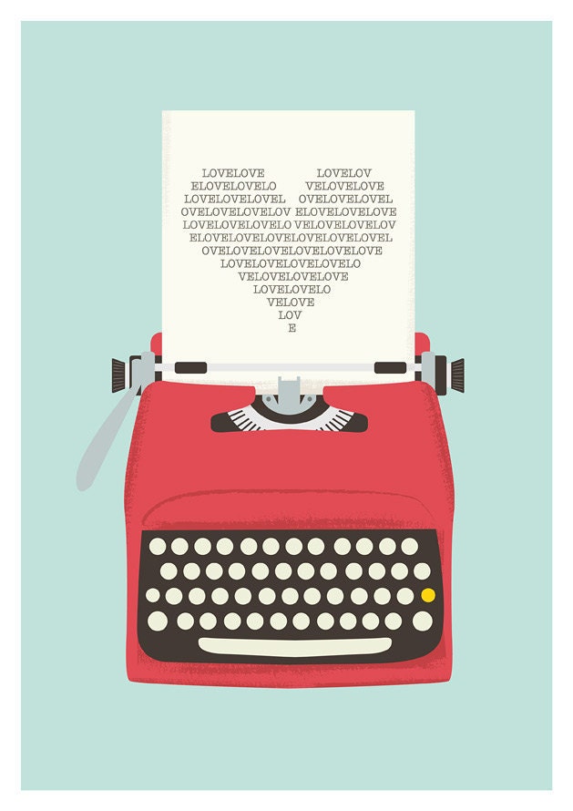 Vintage typewriter poster, mid century art, Retro print, heart print, words, pop art, posters with typewriters A3