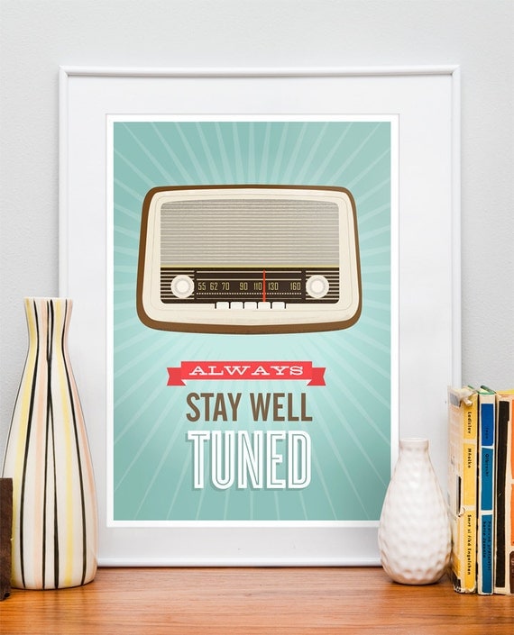 Mid Century Art, Retro vintage radio poster, typography quote art, nursery decor, kids art Stay well tuned A3 size