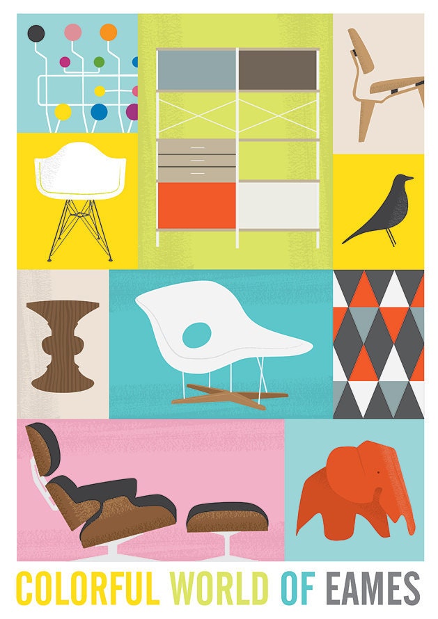 Mid Century poster, Eames print,  retro decor, Modernist, Colorful print, art for nursery,  happy,  A3